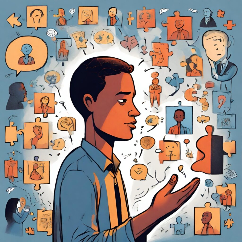 The image depicts a person surrounded by various images and symbols representing emotions, thoughts, and ideas. However, the person seems detached or disconnected from these elements, suggesting a potential lack of emotional intelligence or awareness.