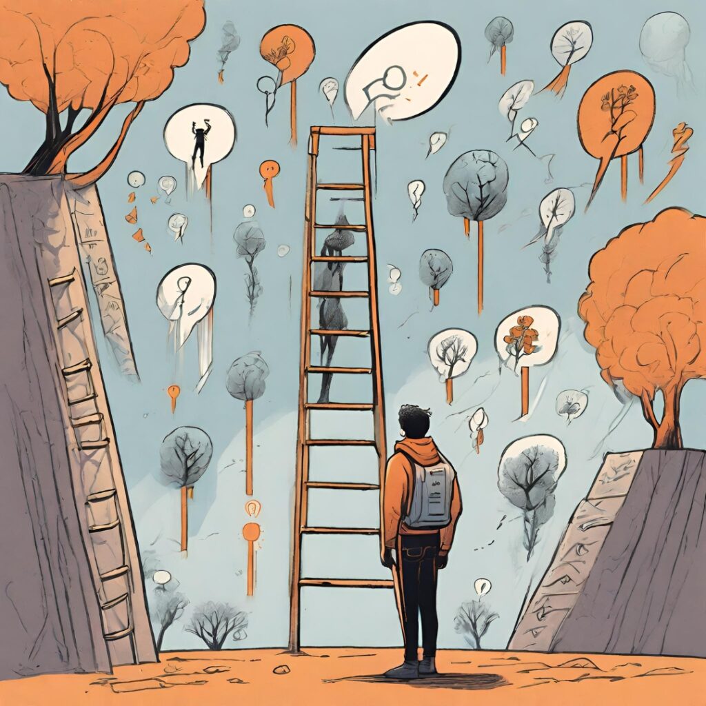 A person standing amidst a surreal landscape with various thought bubbles and symbols floating around. One of the thought bubbles depicts a person climbing a ladder, suggesting growth or progress, while others show different trees representing ideas or challenges. The person appears contemplative, perhaps facing challenges or seeking solutions, indicating a need for resilience or adaptability.