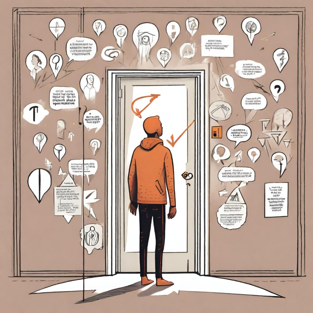 In this illustration, a person is seen standing in front of a closed door, surrounded by various speech bubbles and symbols representing thoughts and ideas. Some of the speech bubbles contain fixed or negative statements, suggesting a potential fixed mindset. The person may be facing challenges or decisions, with the fixed mindset hindering their ability to embrace growth or change.